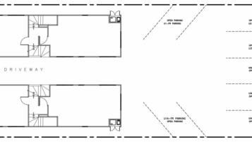 A floor plan with a shared driveway, multiple parking areas labeled U1-FR to U4-FR, and a visitor's parking section.