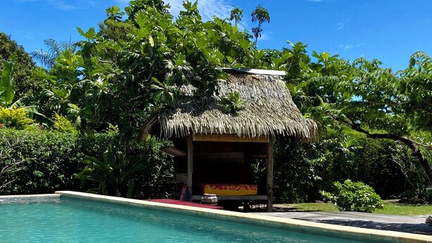 A clear swimming pool with a thatched-roof structure in the background. - FARE TEAK with PALAPA and shared pool (Moorea-Maiao)