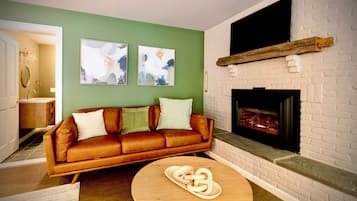 Smart TV, fireplace, books