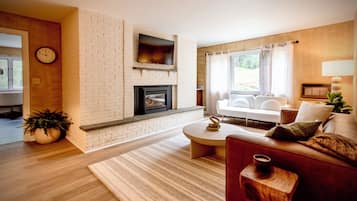 Smart TV, fireplace, books