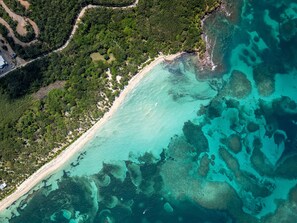 An aerial view of a coastal area with a sandy beach, dense greenery, and clear turquoise waters with visible coral formations. - Lux Oceanview: Private Pickleball, Pool, Spa Tub, Water Sports & Concierge (Camp Bay)