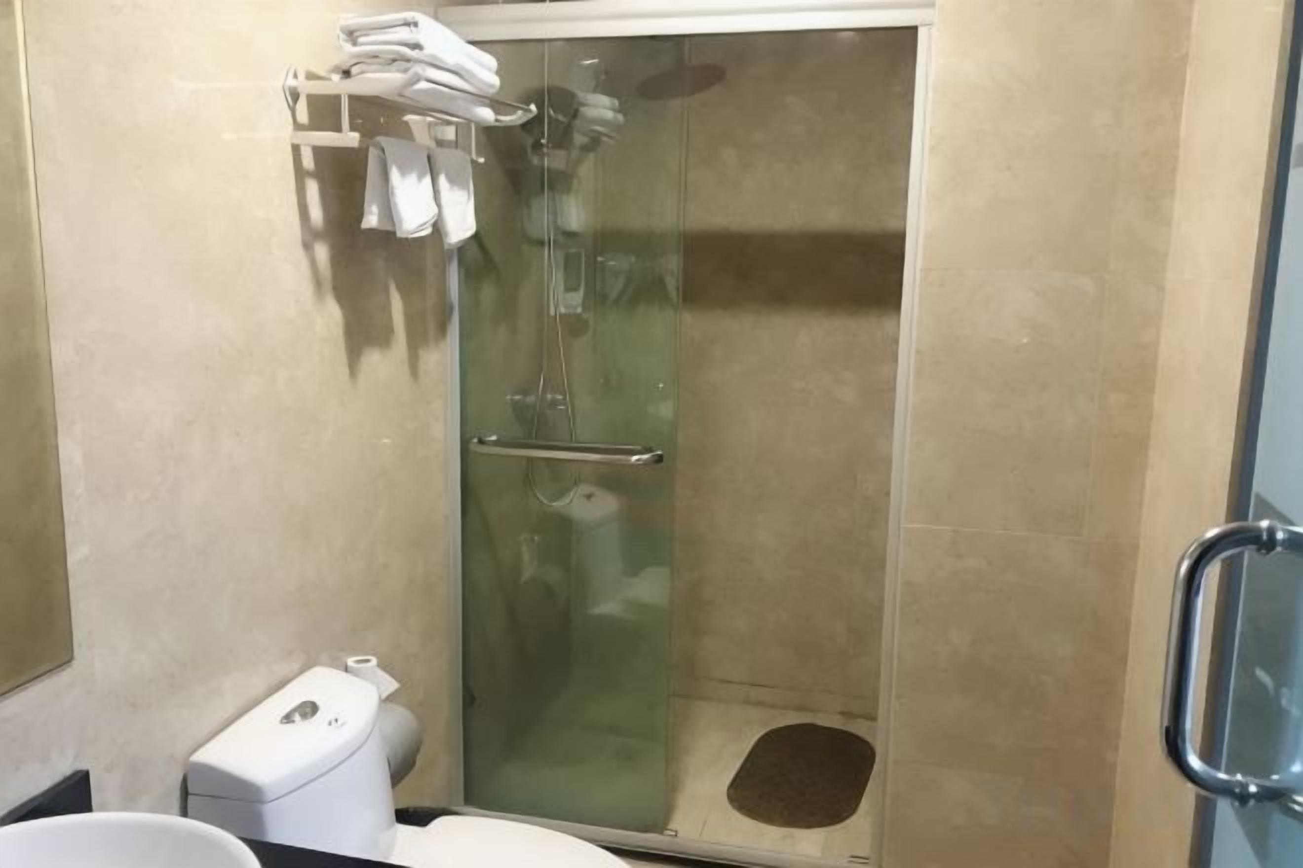 A glass-enclosed shower stall with a toilet and a towel rack.