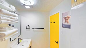 Hair dryer, towels, soap, shampoo