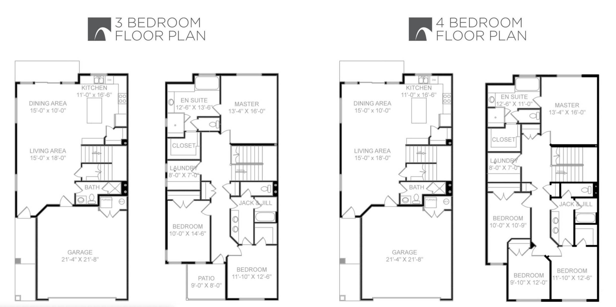 Floor plans for a 3-bedroom and 4-bedroom apartment, detailing room sizes and layouts.