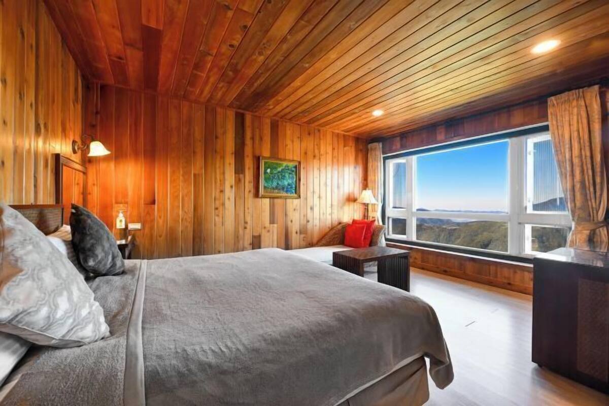A wooden-paneled bedroom with a large bed, a nightstand, a lamp, and a view of the landscape through a window.