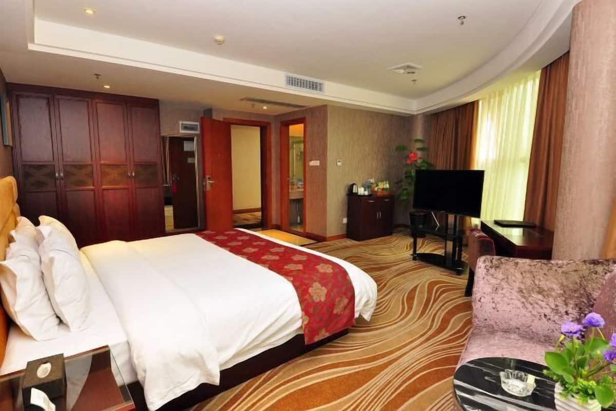 Quarto de hotel com uma cama grande, televisão, escrivaninha e sofá.