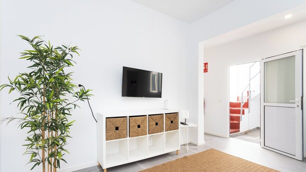 Ein modernes Zimmer mit einer großen Kübelpflanze aus Bambus, einem weißen Konsolentisch mit Aufbewahrungsboxen, einem Flachbildfernseher und einer Treppe zu einer oberen Etage.