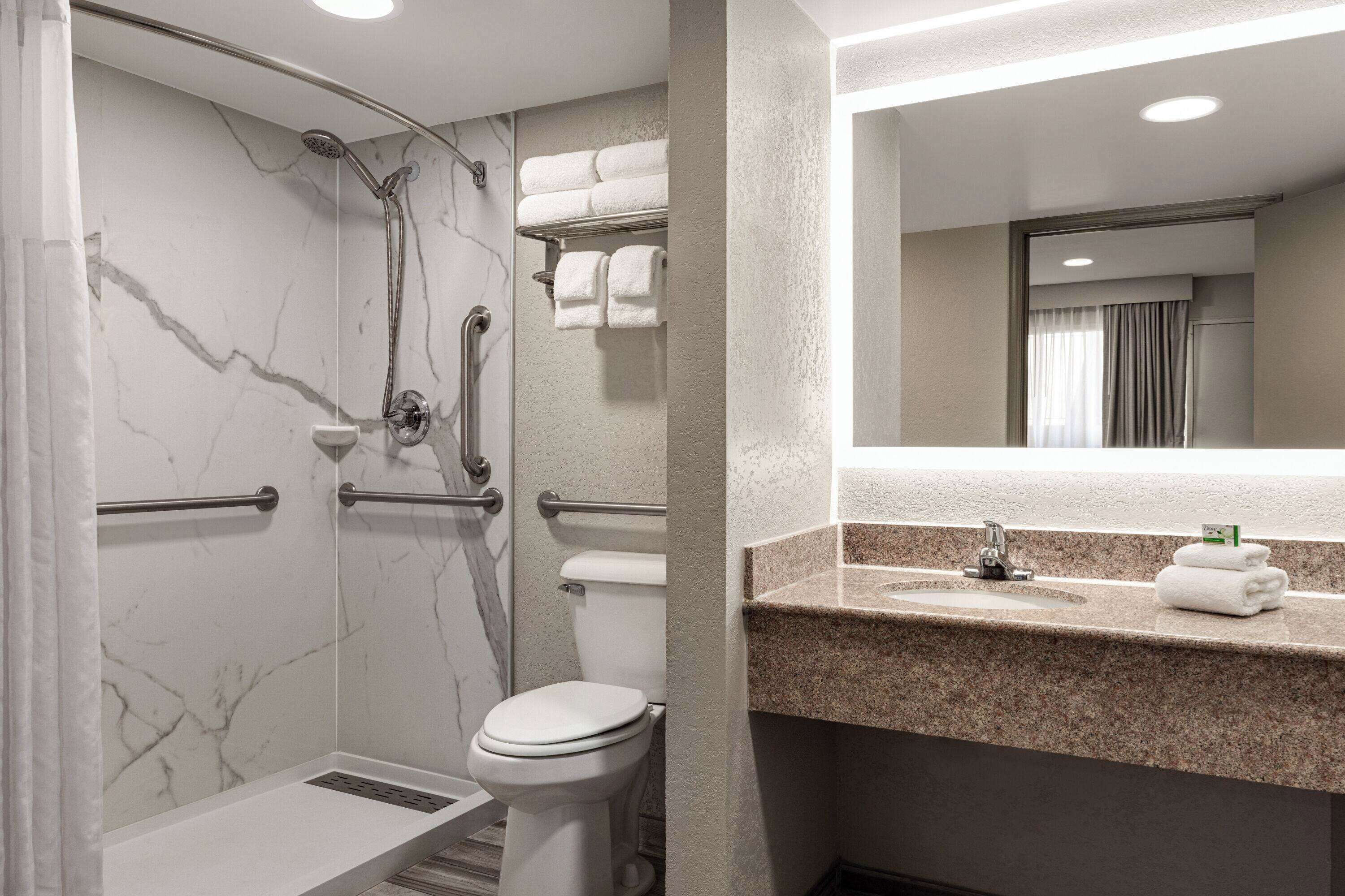 Un baño moderno con ducha, inodoro y lavabo.