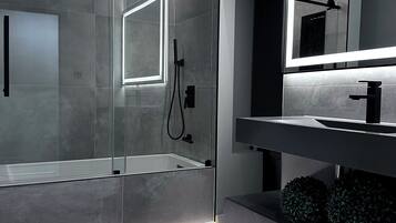 Hair dryer, bidet, towels, soap