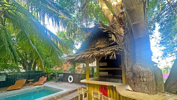 A pool area with a thatched-roof structure, wooden chairs, and a bar counter.