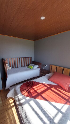 Une chambre avec deux lits, des têtes de lit en bois, une table de chevet avec une lampe et un luminaire au plafond.
