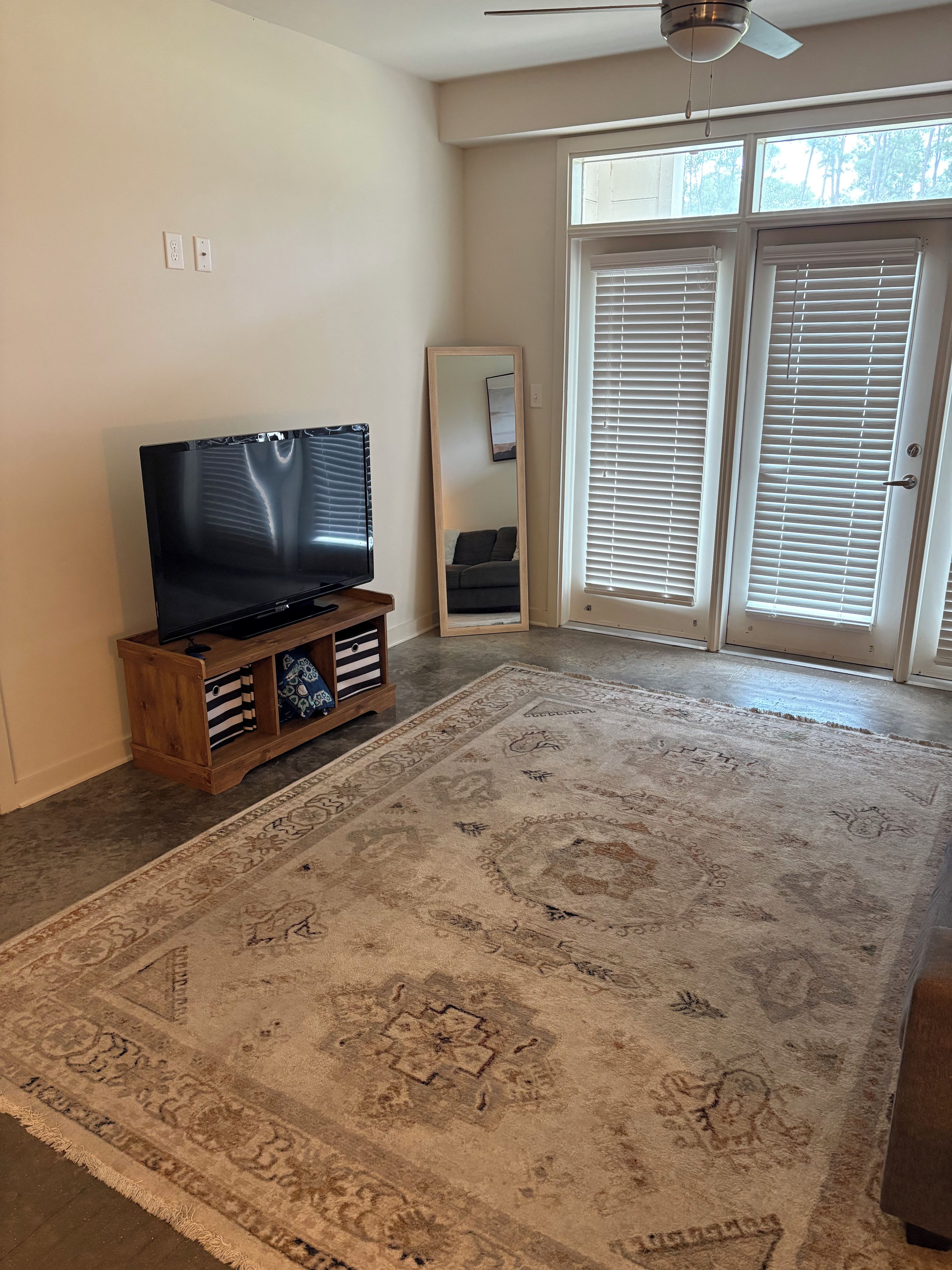A living room with a flat-screen TV on a wooden stand, a large patterned rug, and a sliding glass door with blinds.