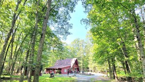 Eine Holzhütte mit rotem Dach und Veranda, umgeben von hohen Bäumen und einer Rasenfläche.