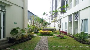 A courtyard with a gravel path, surrounded by greenery and potted plants.