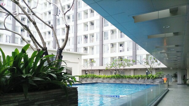 A swimming pool with a stone wall and glass railing, surrounded by greenery and a modern building in the background.