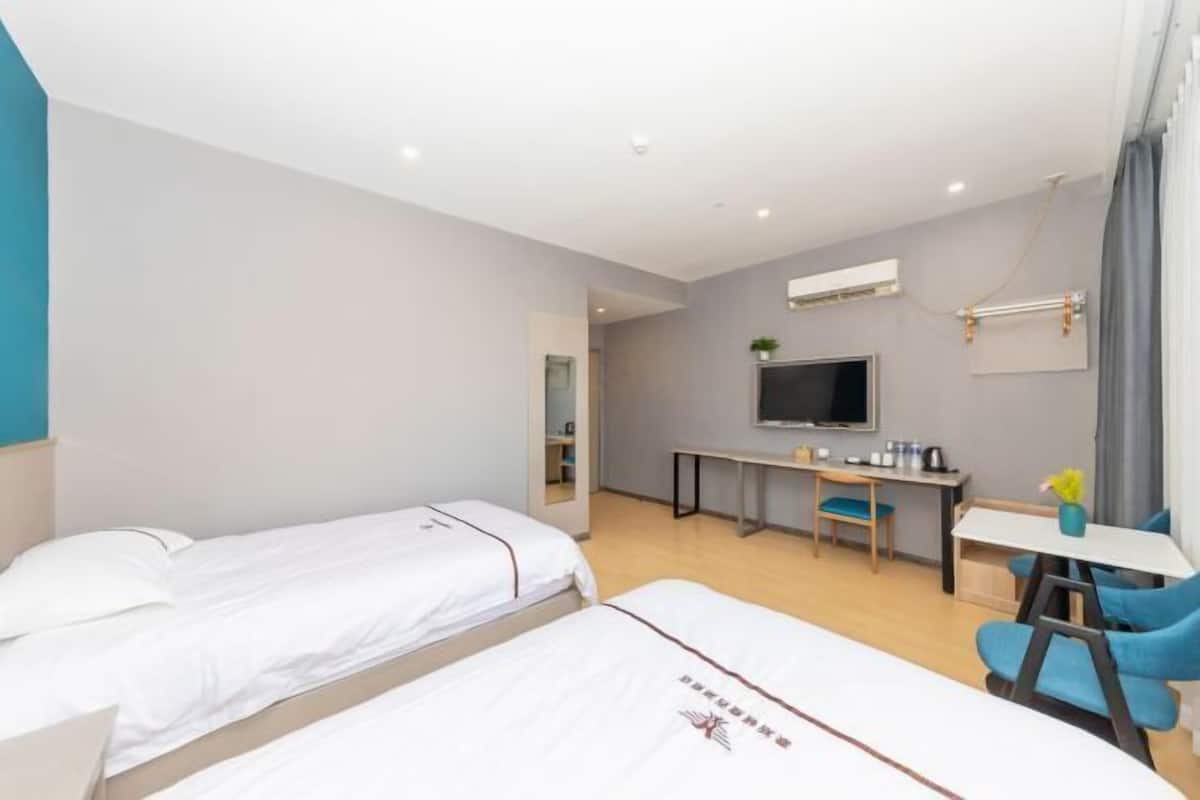 A hotel room with two beds, a desk, a chair, a TV, and a small table with a plant.