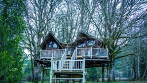 A treehouse with a wooden deck and stairs, surrounded by trees. - Out 'N' About Treehouse Treesort (Cave Junction)