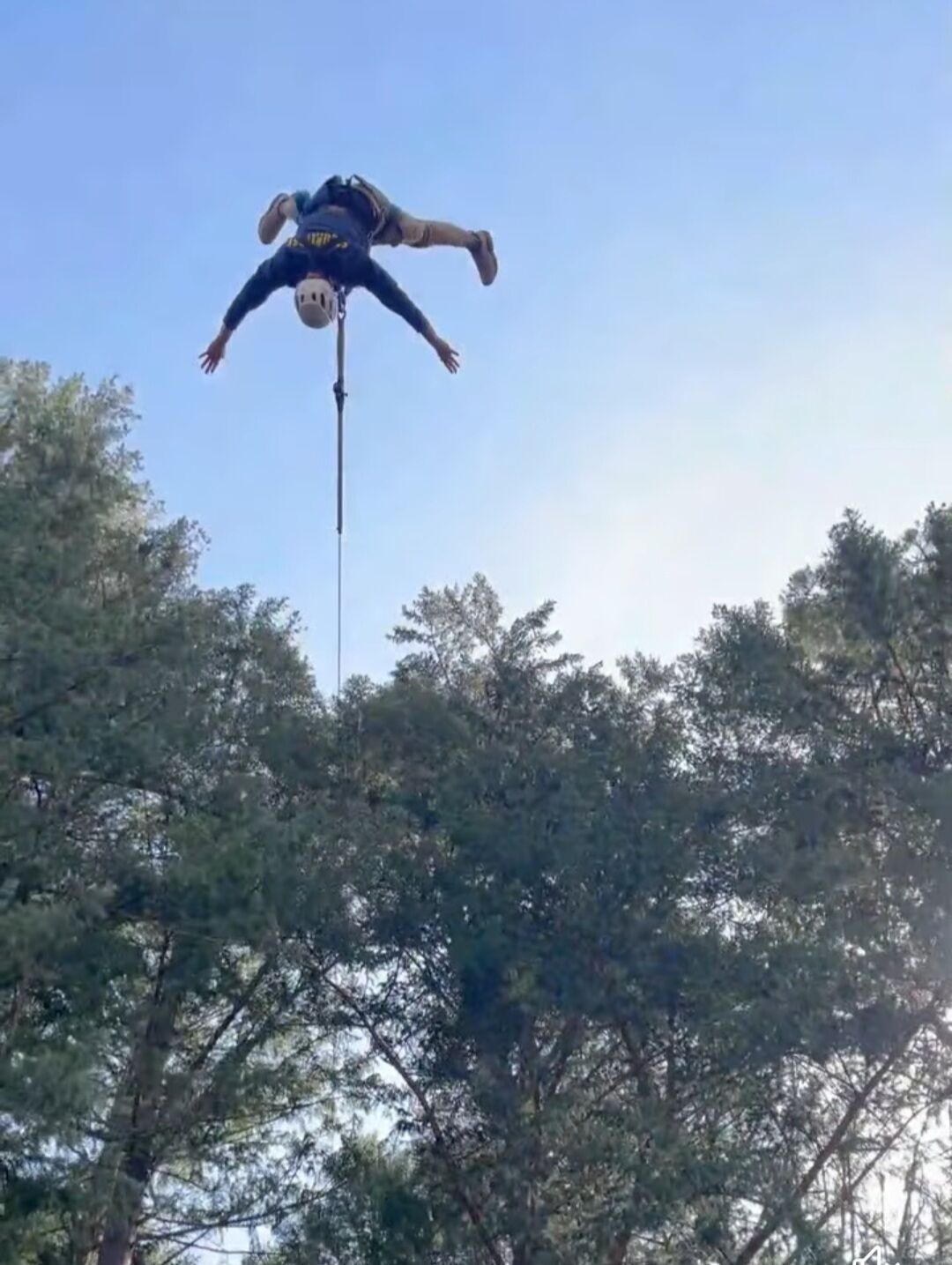 A person skydiving with outstretched arms, trees in the background, and a clear sky.