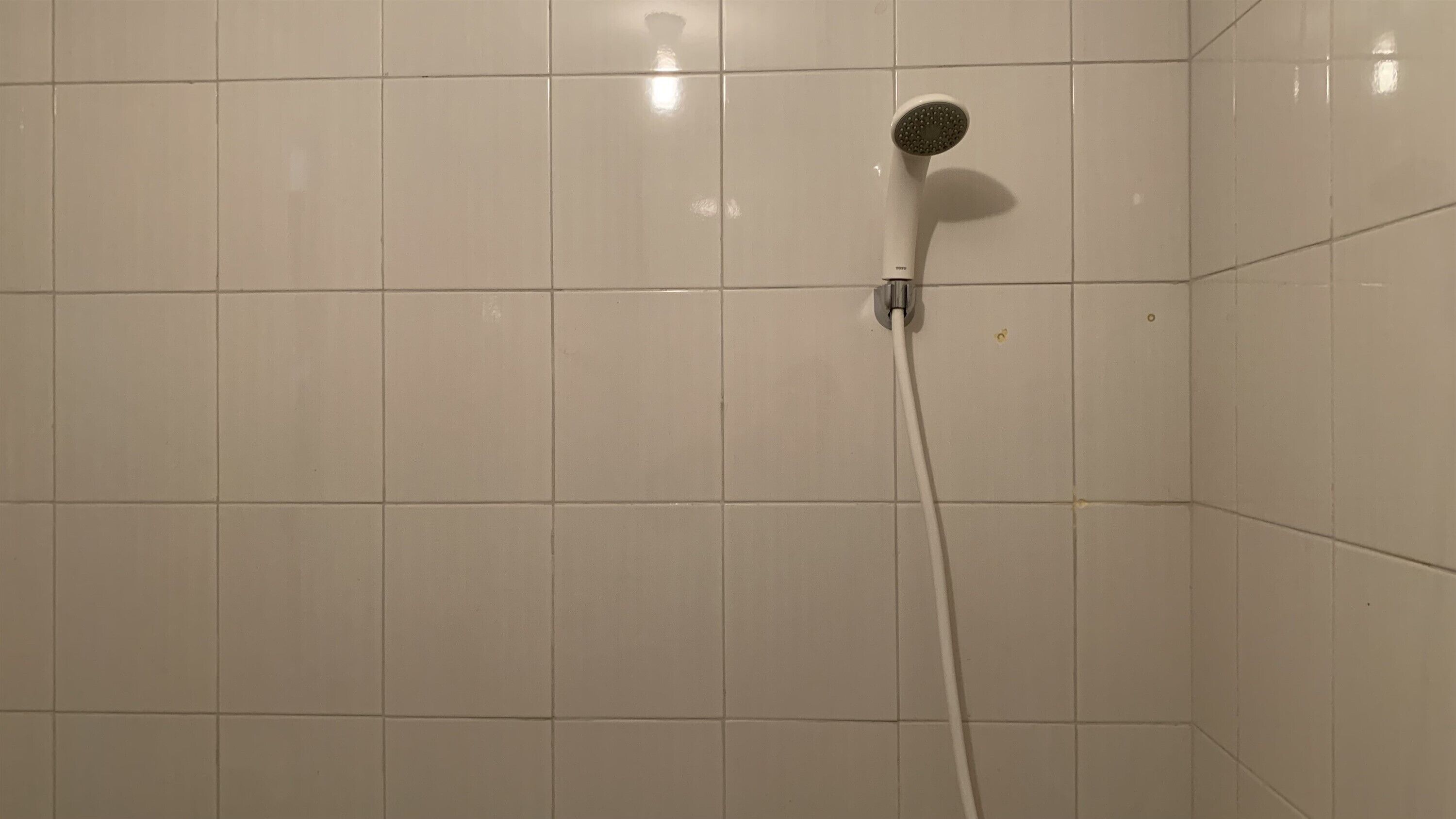 Une douche avec un pommeau de douche amovible fixé au mur.