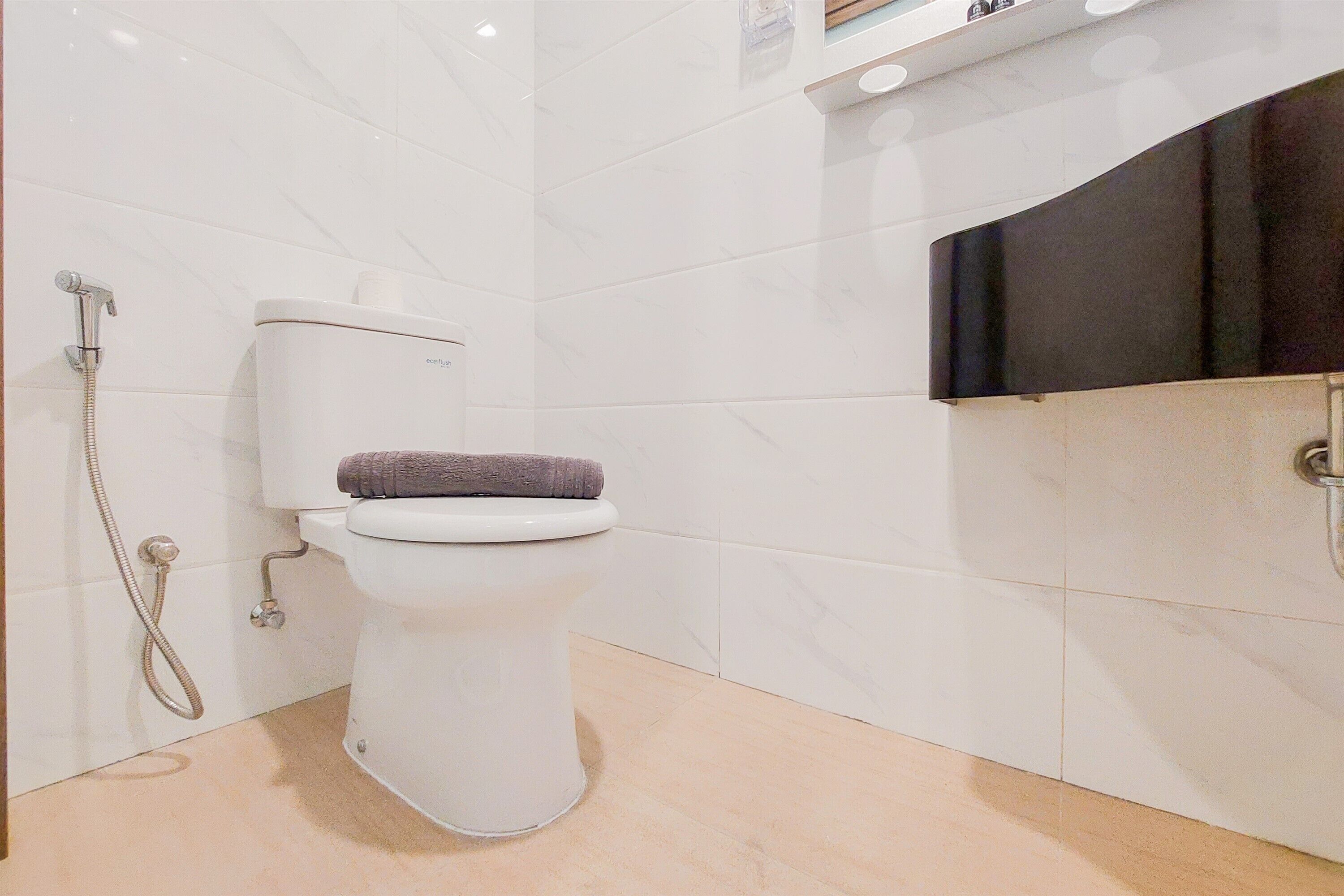 A bathroom with a toilet, a shower, and a dark-colored cabinet.