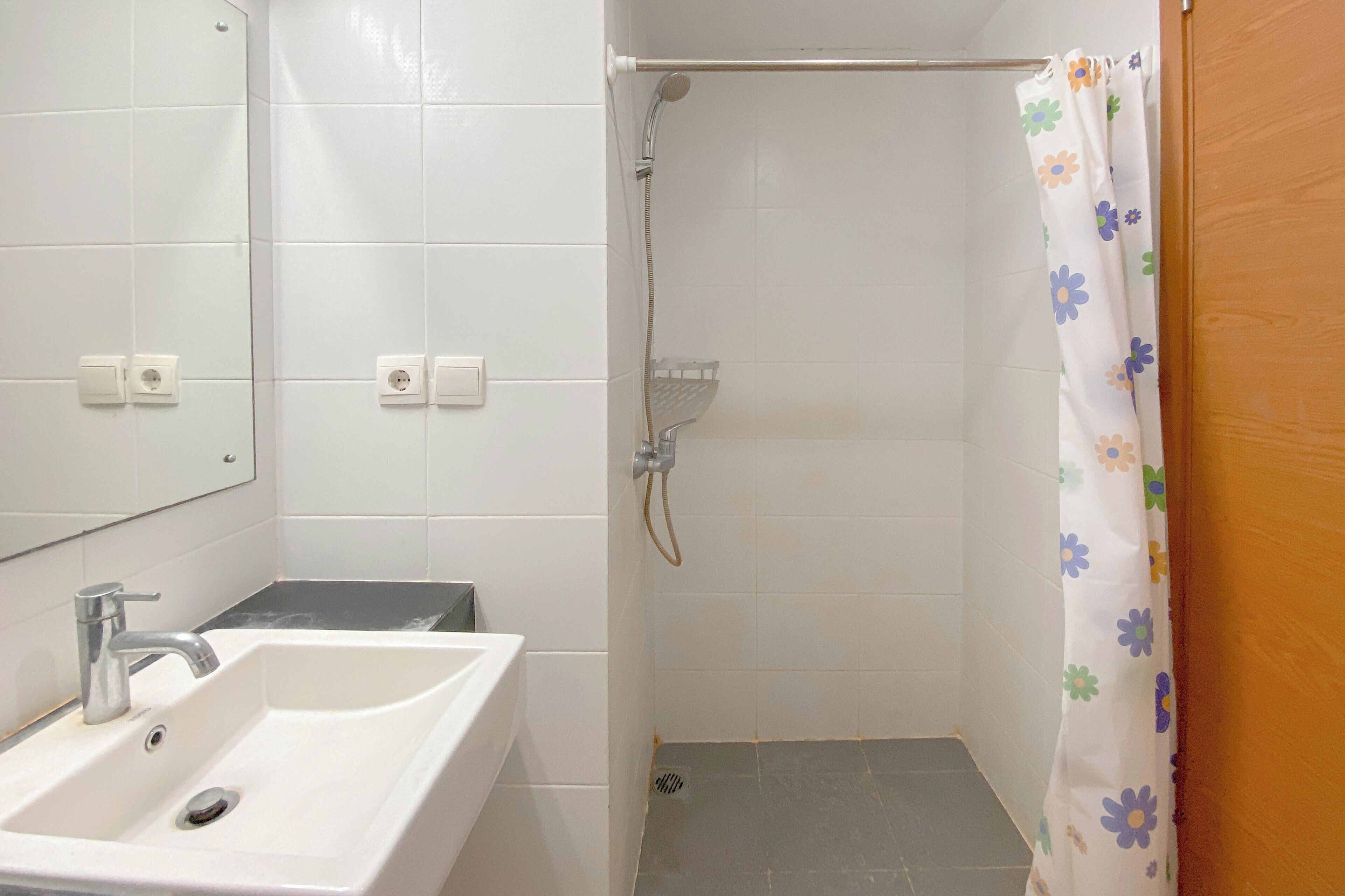 A bathroom with a white sink, a shower, and a mirror.