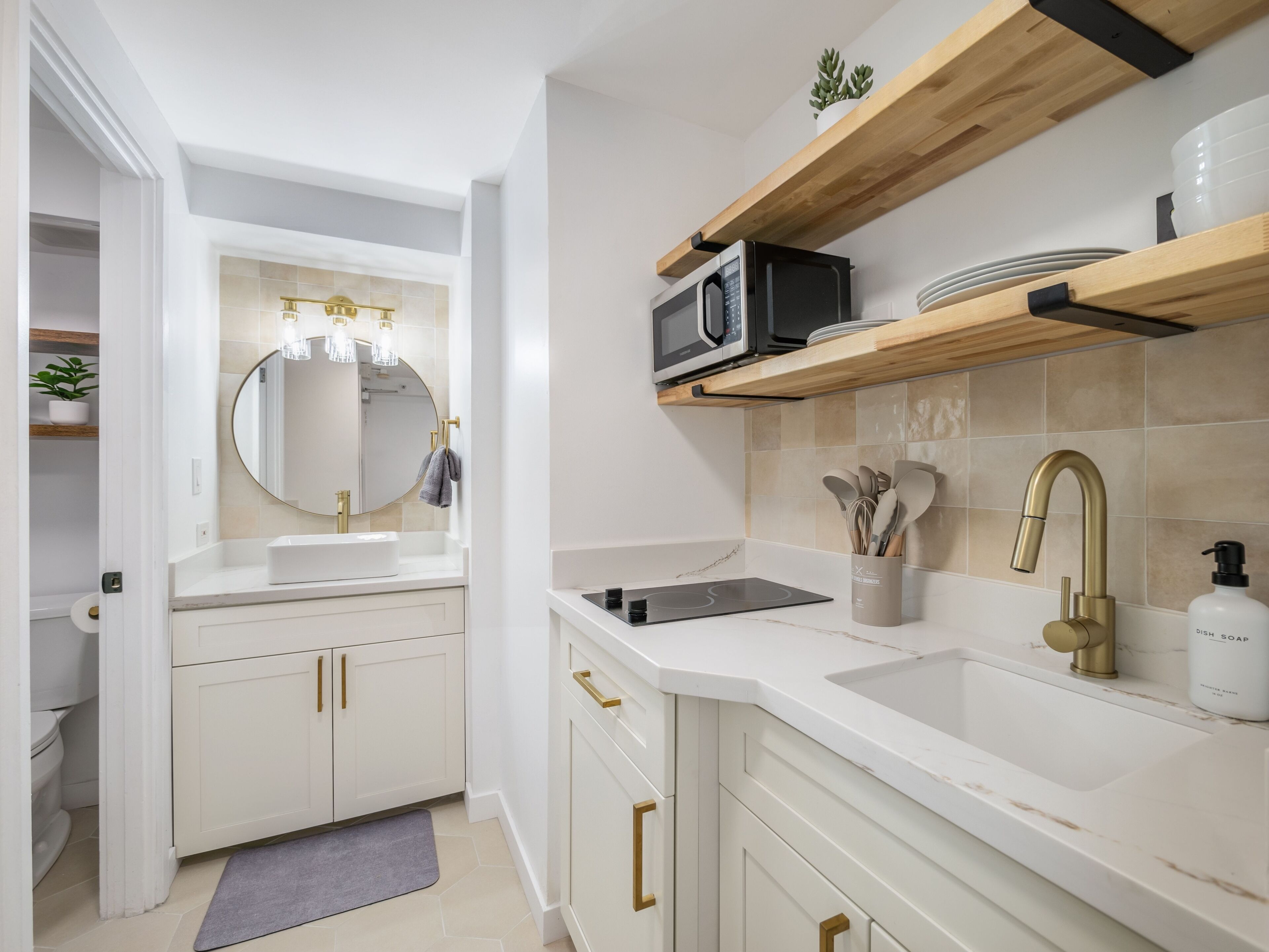 Hair dryer, towels, soap, shampoo