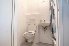 Chuveiro, secador de cabelo, toalhas de banho