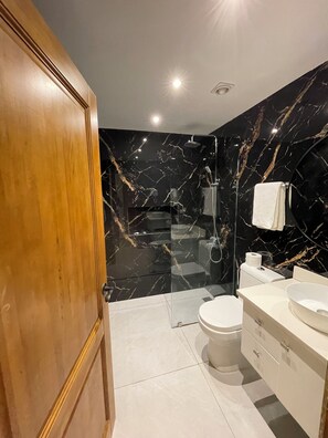 Hair dryer, towels, soap, toilet paper