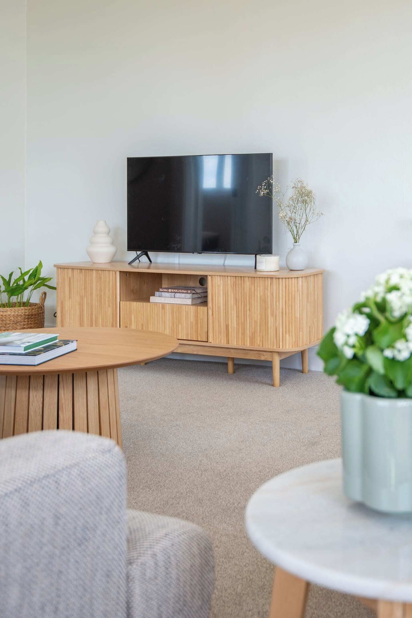 Un soggiorno moderno con una TV a schermo piatto su un mobile in legno, un tavolino rotondo e una pianta in vaso.