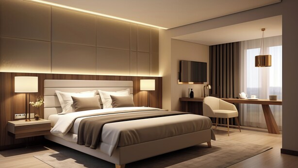A modern bedroom with a large bed, bedside tables, a desk, and a TV. - Hotel Triton Grand (New Delhi)