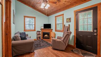 Smart TV, fireplace, DVD player, books
