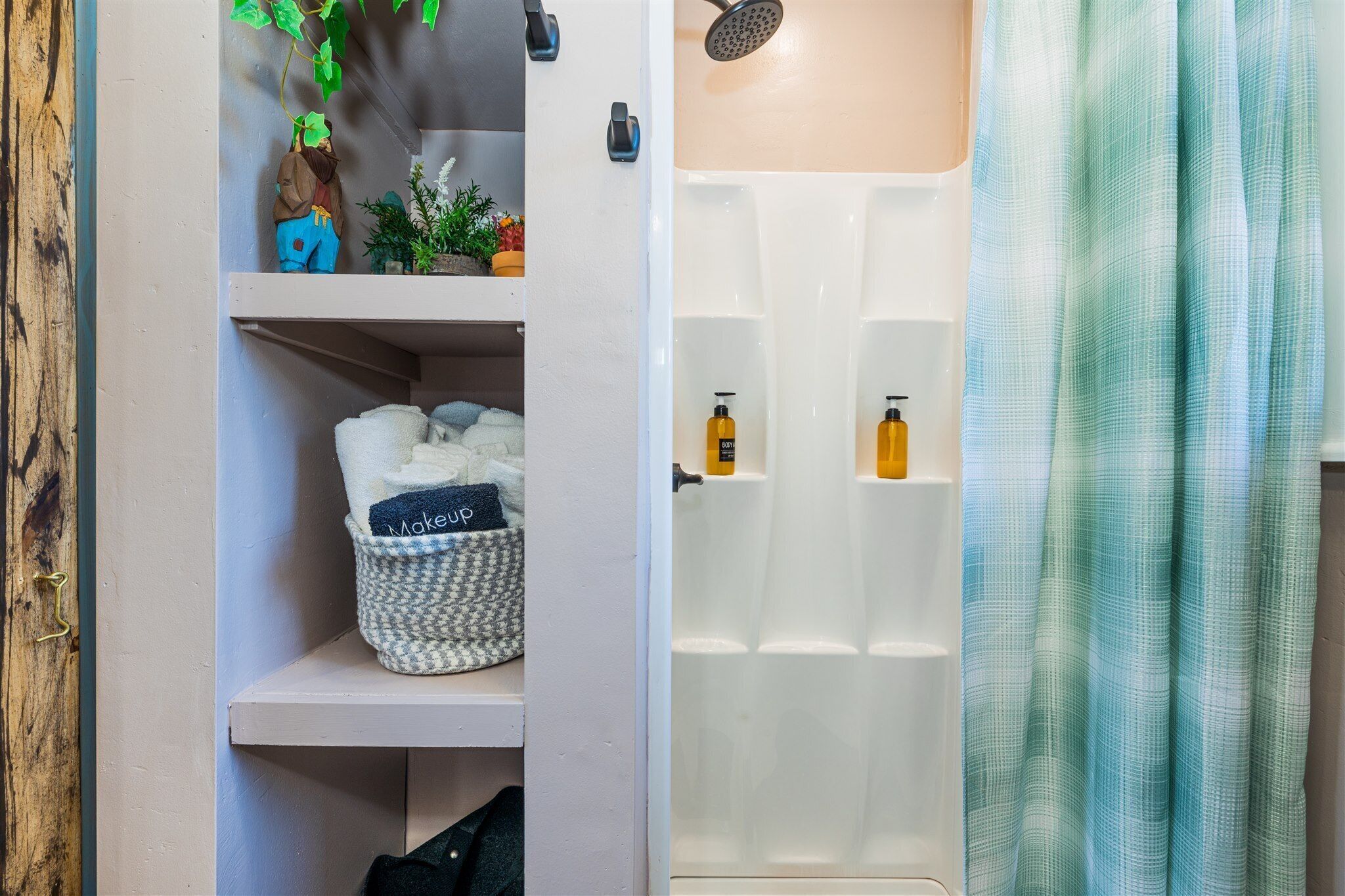 A bathroom with a shower, a shelf with toiletries, and a decorative plant.