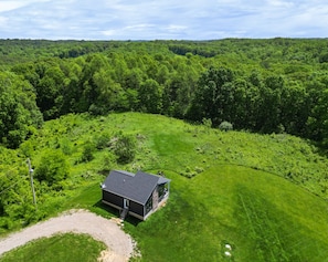 A single-story house with a dark roof, surrounded by lush green grass and trees.