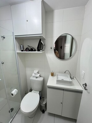 Hair dryer, towels, toilet paper