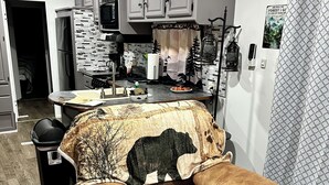 A cozy living room with a sofa and a dining area. - Mountain Dreams, up to date camper with WiFi & fireplace (Cosby)