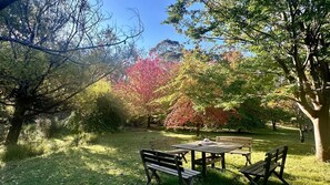 Un parque con mesas de picnic y bancos, rodeado de árboles con follaje otoñal.