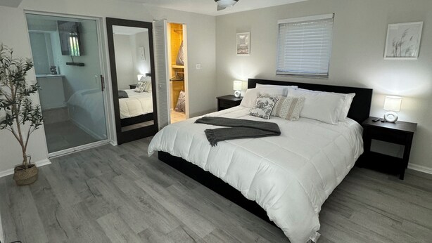 A bedroom with a bed, a ceiling fan, a nightstand, a lamp, a potted plant, and a sliding glass door leading to a bathroom.