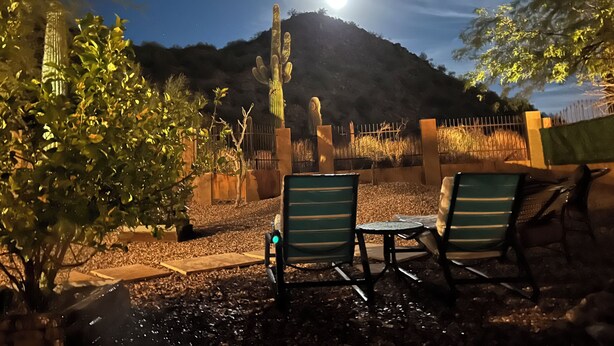 A nighttime outdoor seating area with two chairs and a table, surrounded by plants and a cactus, under a bright moonlit sky.
