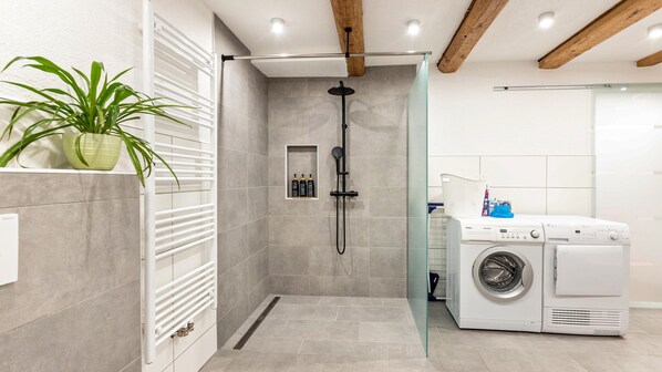 Shower, hair dryer, towels