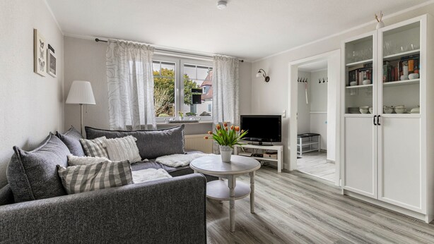 A modern living room with a grey sofa, a small round table with a plant, a TV, and a white cabinet with shelves. - Holiday Home 'Nilsson' with Private Terrace, Private Garden and Wi-Fi (Heide)