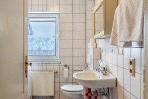 Shower, hair dryer - Studio Apartment 'Gudrun' with Private Terrace, Shared Garden and Wi-Fi (Usingen)