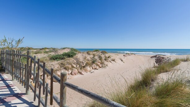 Une promenade en bois mène à une plage de sable, avec des dunes et l’océan en arrière-plan.