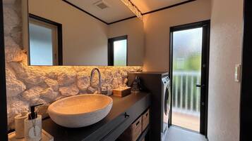 Hair dryer, towels, soap, shampoo
