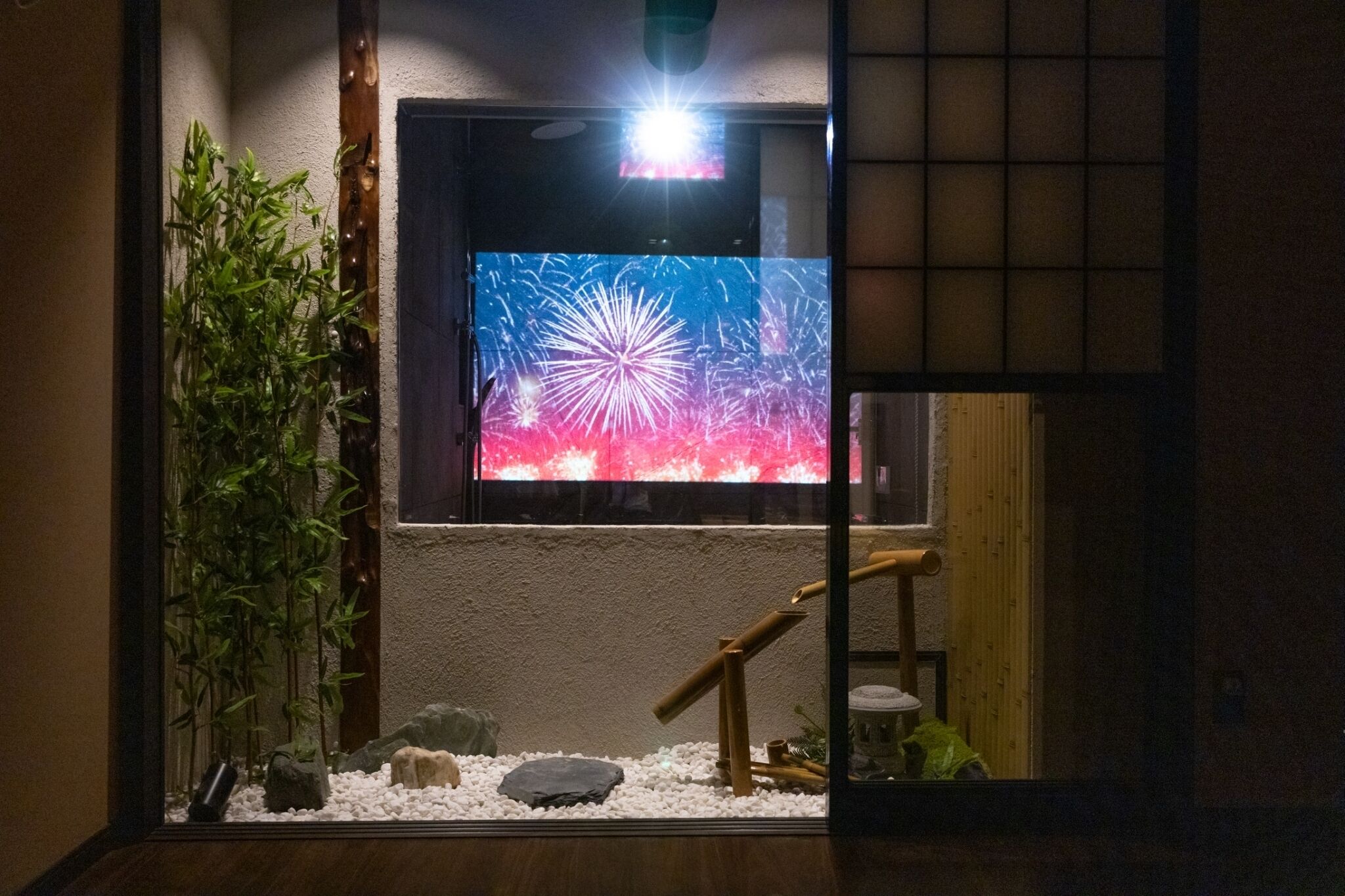 A room with a TV displaying fireworks, a bamboo plant, and a small rock garden.