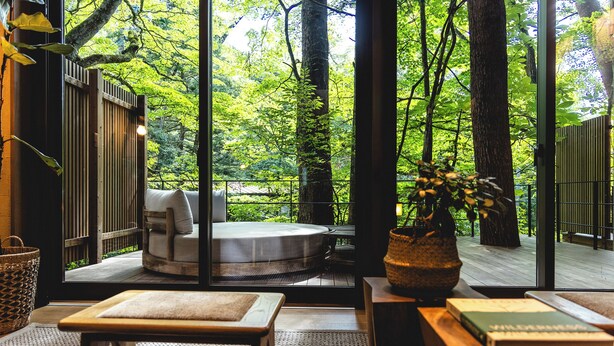 A room with a view of a lush green forest through large windows, a wooden bench, a small table, and a potted plant. - GLAMDAY STYLE HOTEL SUITE KAWANONE (Karuizawa)