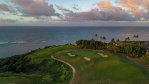 Ein Golfplatz mit Blick auf den Ozean und Palmen.