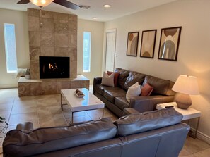 Smart TV, fireplace, books