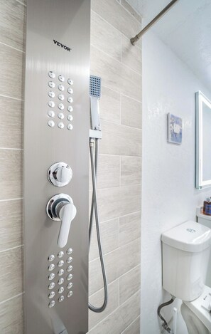 Hair dryer, towels, soap, shampoo