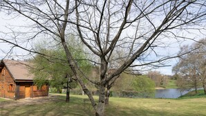 A rustic wooden cabin with a sloped roof, surrounded by a well-maintained lawn and a large tree. - Beautiful private villa for 5 guests with TV, terrace and pets allowed (Camps-saint-mathurin-léobazel)