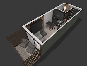 A 3D model of a modern apartment with a living area, kitchenette, and a balcony with a wooden fence. - Les Cerfs - Appartement & Studio (Ayent)
